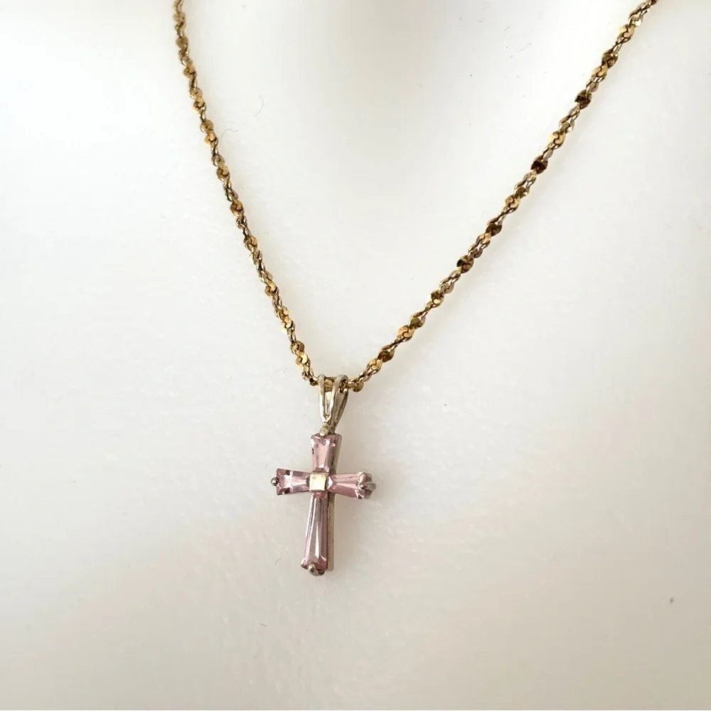 sterling silver 925 cross pink baguette cubic zirconia pendant